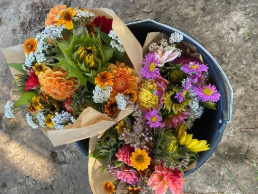 2 gebundene bunte Blumensträuße im Eimer stehend